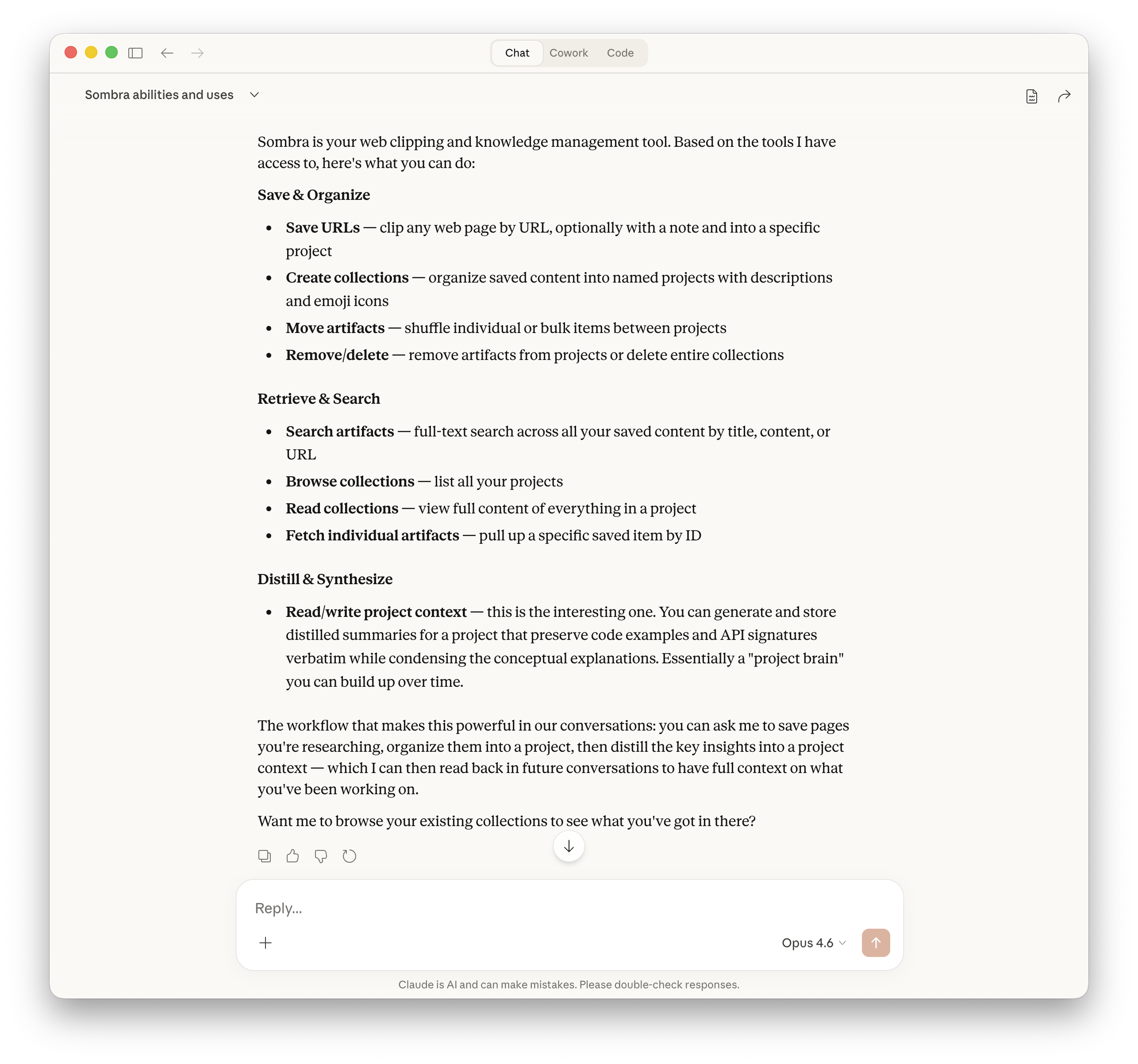 Sombra MCP tools in Claude Desktop — save, organize, search, and distill your web research